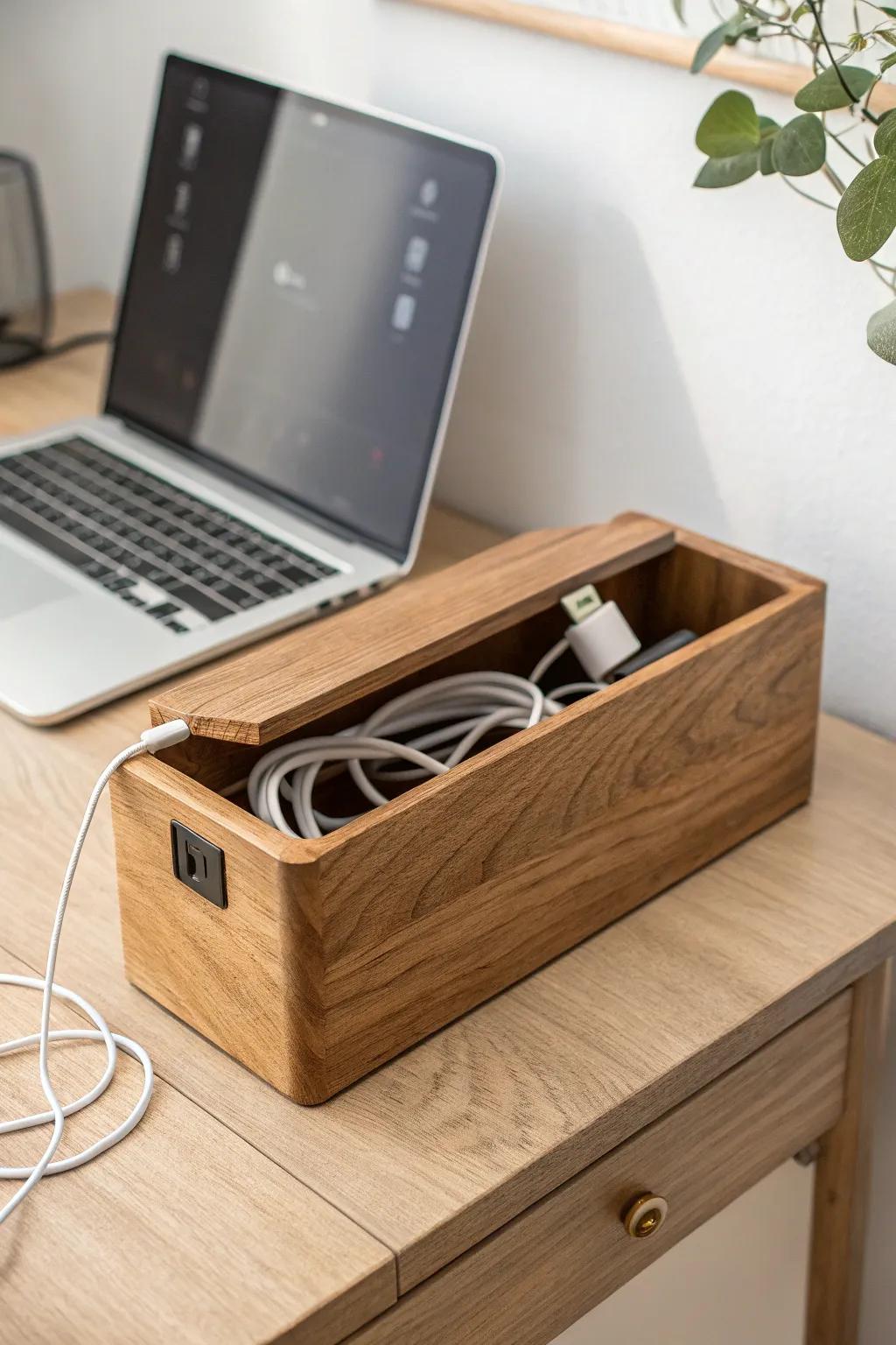 Hide every wire with a chic oak cable box—small executive office, instantly polished and calm.