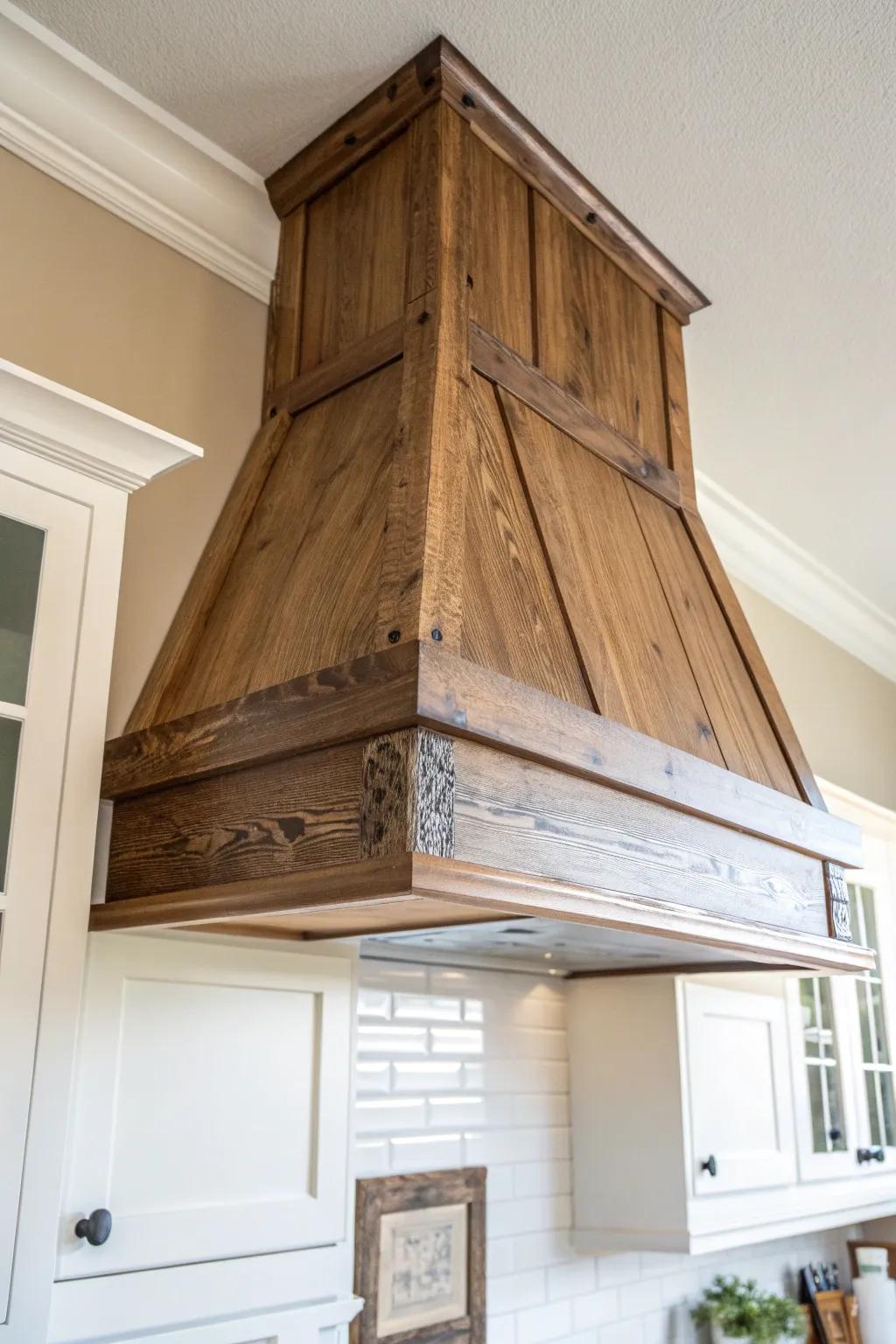 Budget DIY: Salvaged-wood hood cover illusion that adds instant farmhouse charm to a small kitchen.