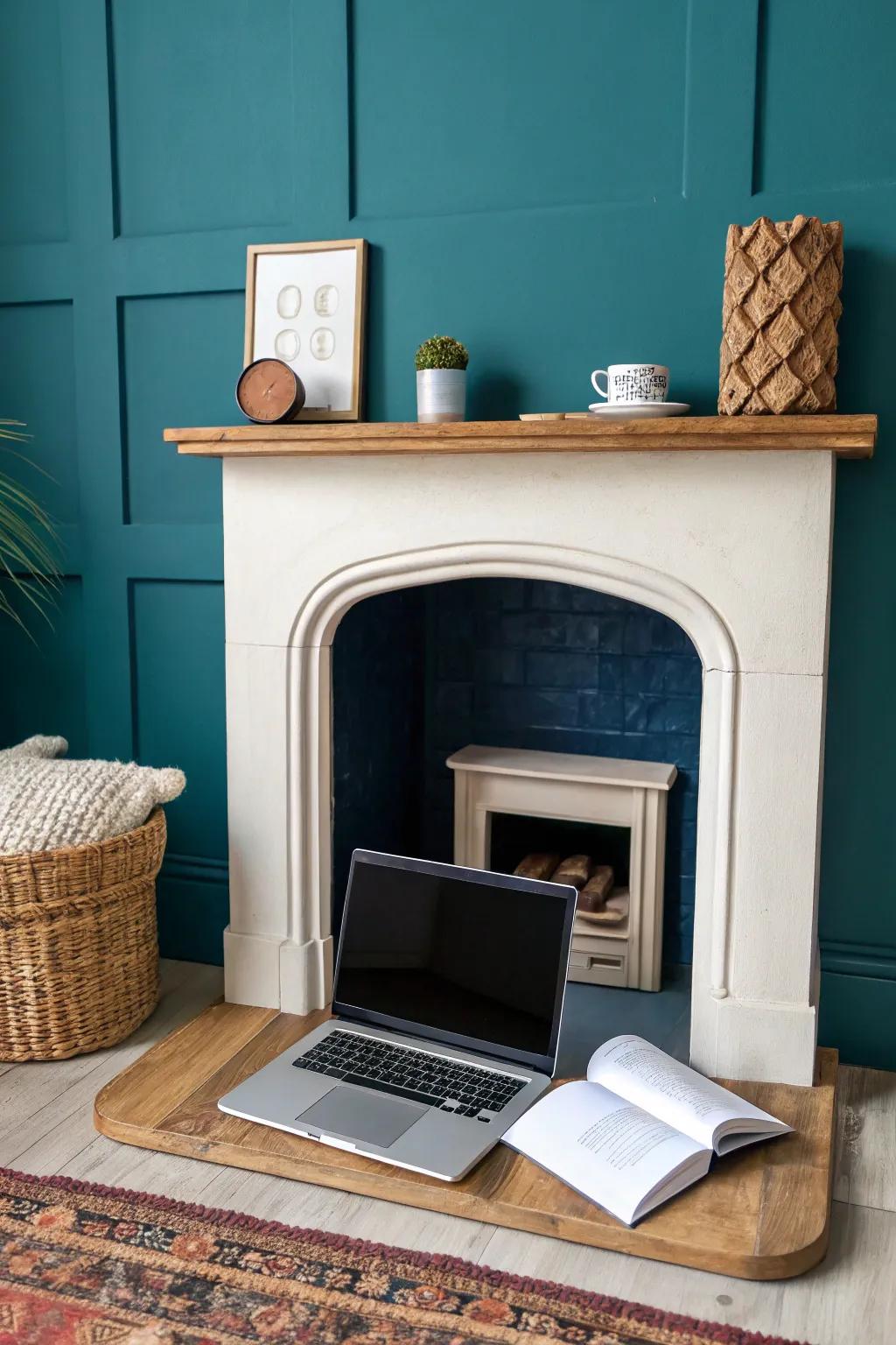 Tiny fireplace, big function: a mantel mini desk for cozy laptop time in the smallest studio.