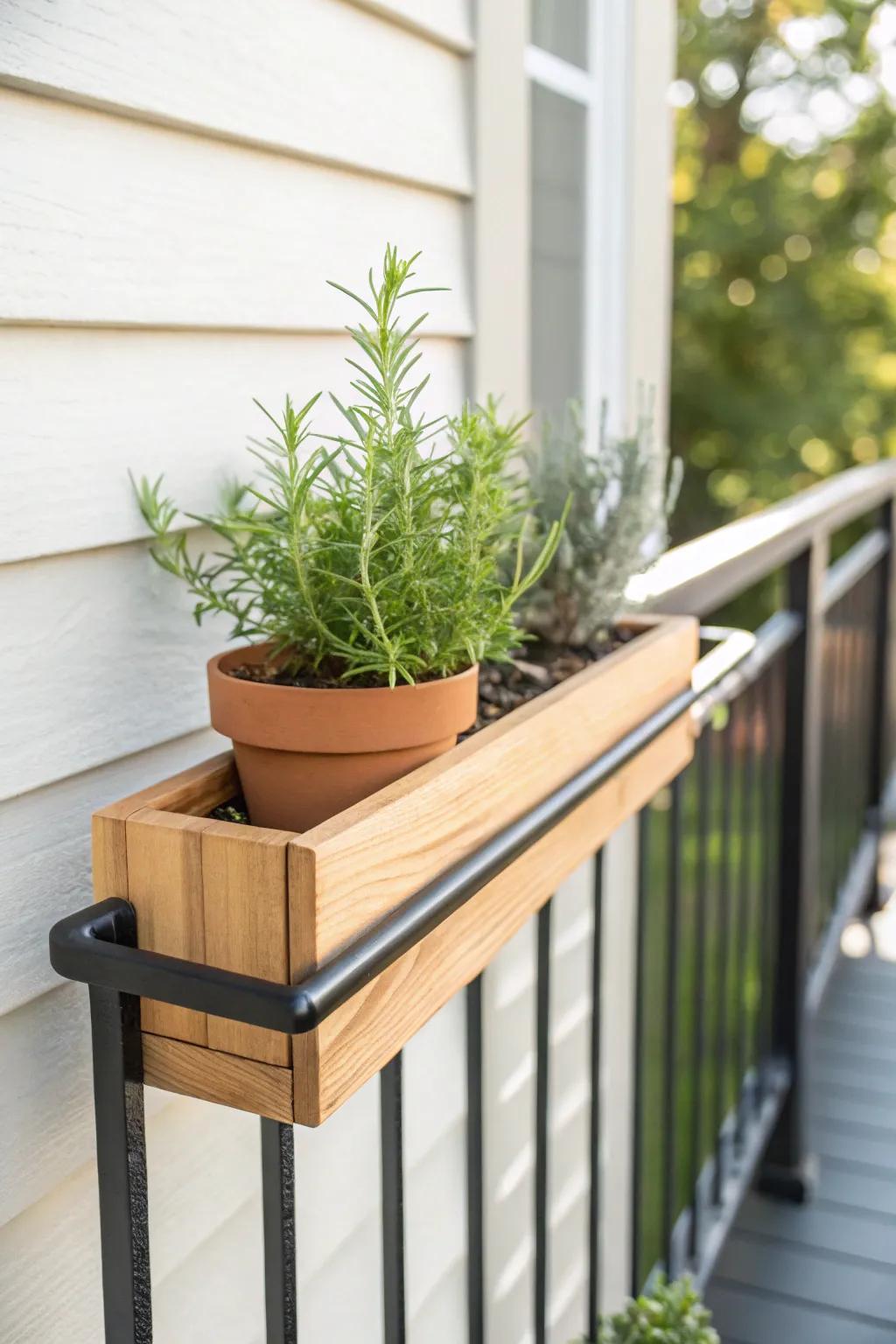 A slim railing ledge turns a tiny front deck into a lush welcome—no floor space needed.