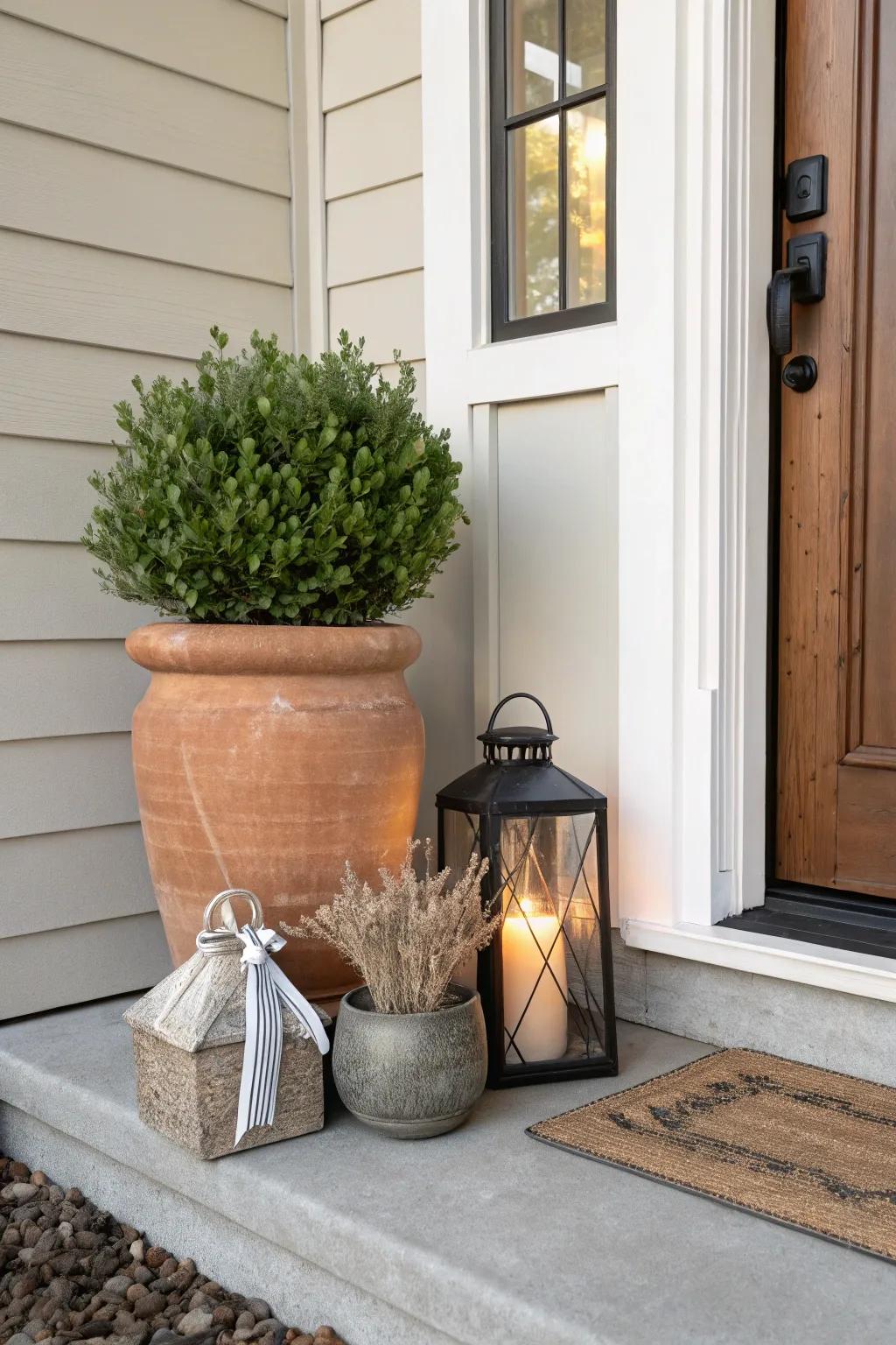 Style in threes: planter, lantern, and one seasonal touch for a curated small entry.