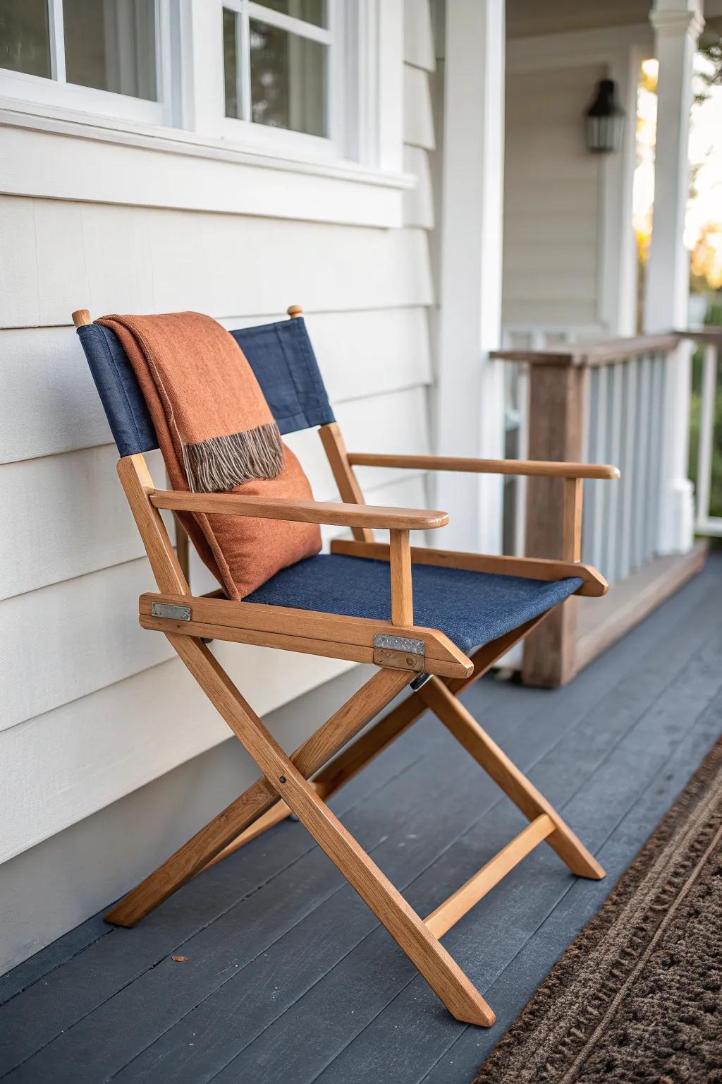 A director-style folding chair adds instant porch polish—then folds away in seconds.