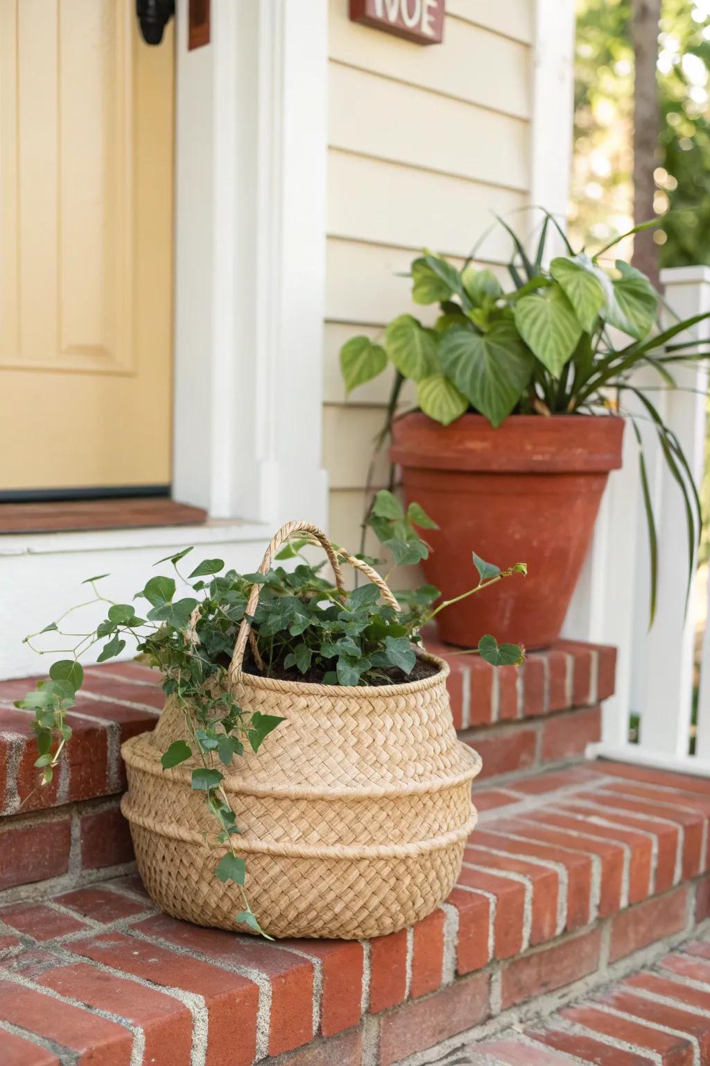 A woven basket planter adds cozy texture to small front steps—easy to swap and style.