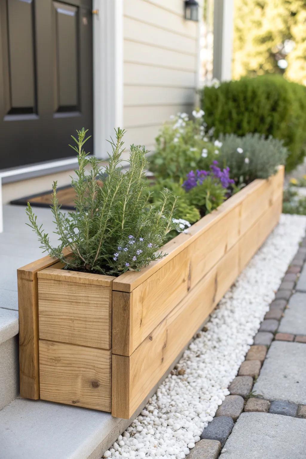 A slim entry herb border—fresh scent, tidy lines, and townhouse curb appeal in one.