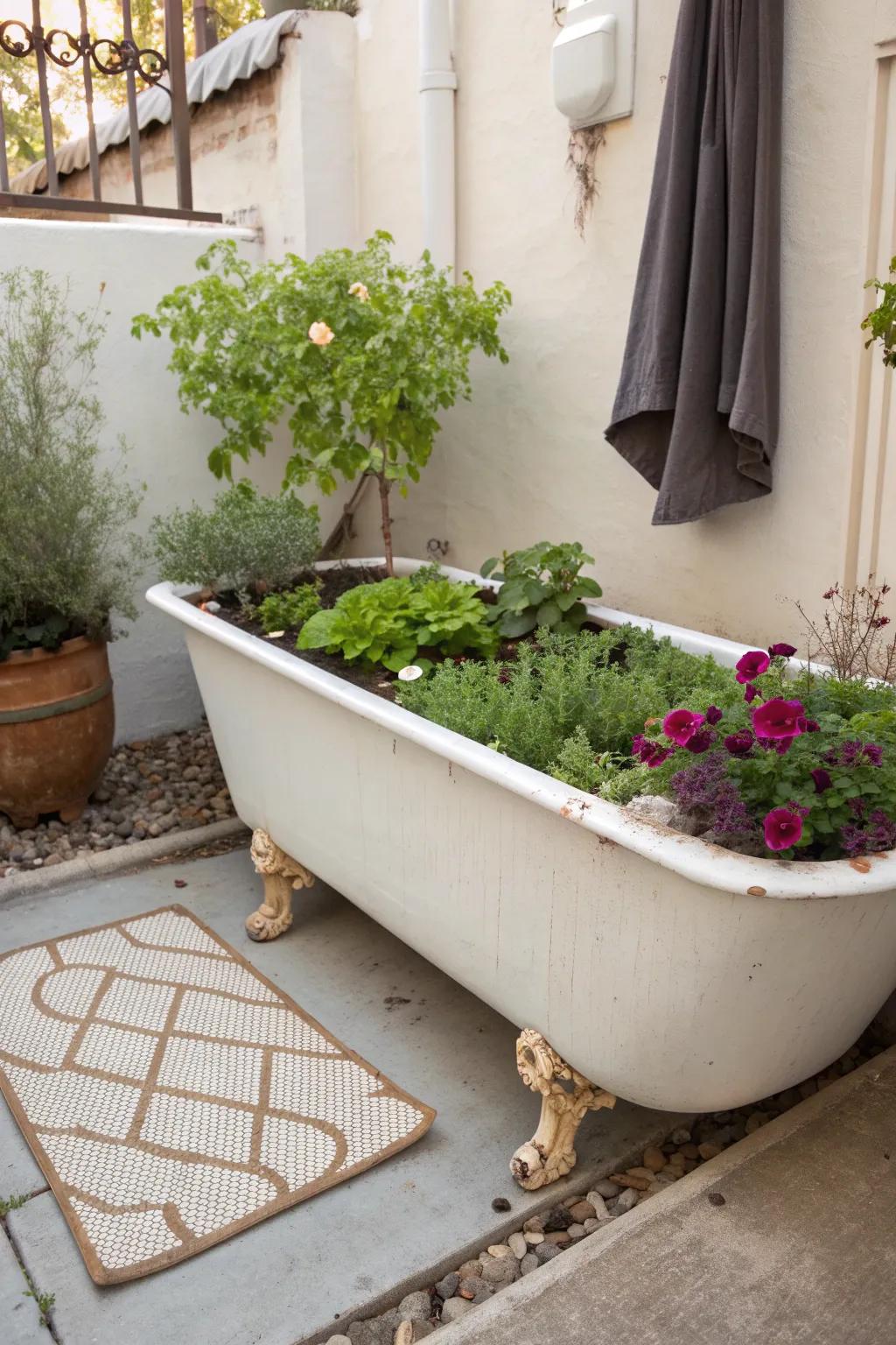 A clawfoot tub turned tiny raised bed—small-space garden art with bold blooms.