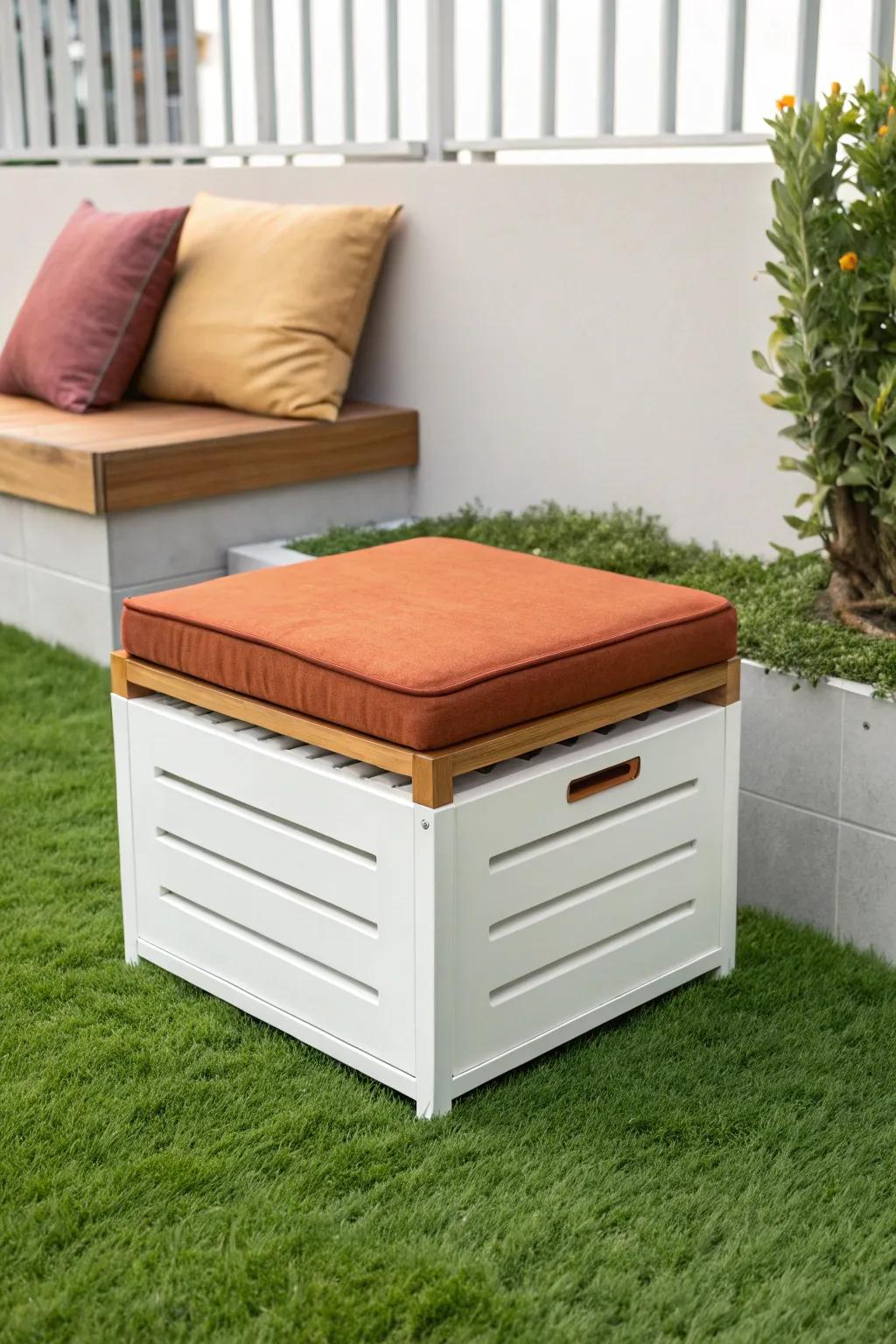 Tiny garden bench hack: a weatherproof storage cube on faux grass, chic, cozy, clutter-free.