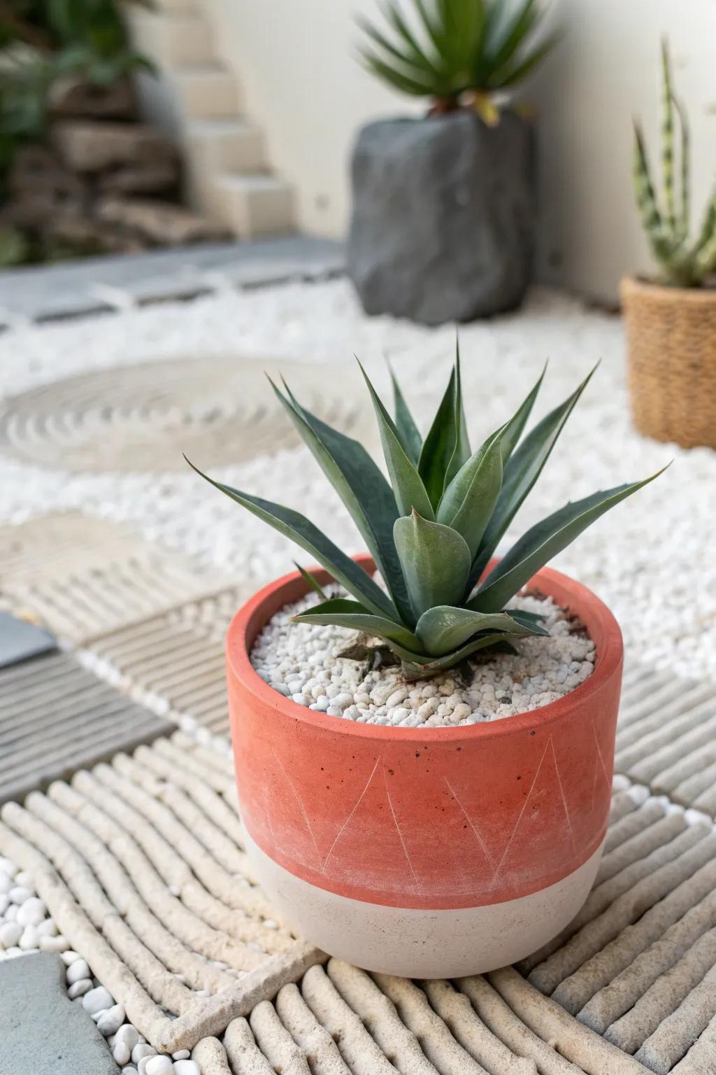 Mini Zen gravel garden: one sculptural plant, bold contrast, and a calm small-space vibe.