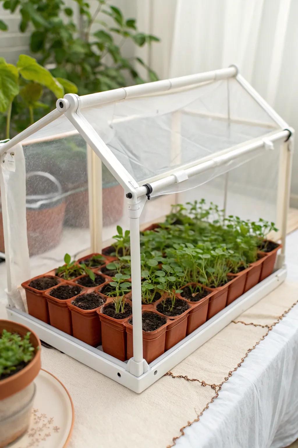 Fold-flat PVC seedling greenhouse—renter-friendly, slim to store, and perfect for bright sprouts.