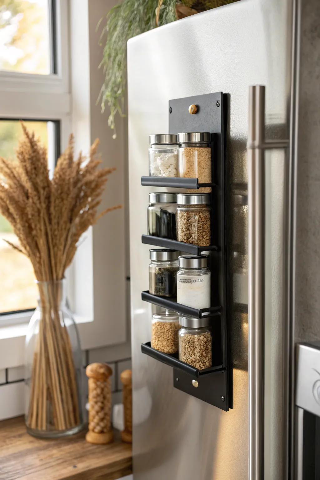 No shelves needed: magnetic spice rack turns your fridge side into sleek small-space storage.