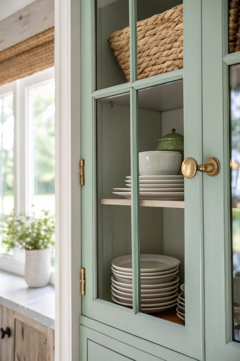 Paint the inside of glass cabinets a soft contrast shade for boutique depth in a small kitchen.