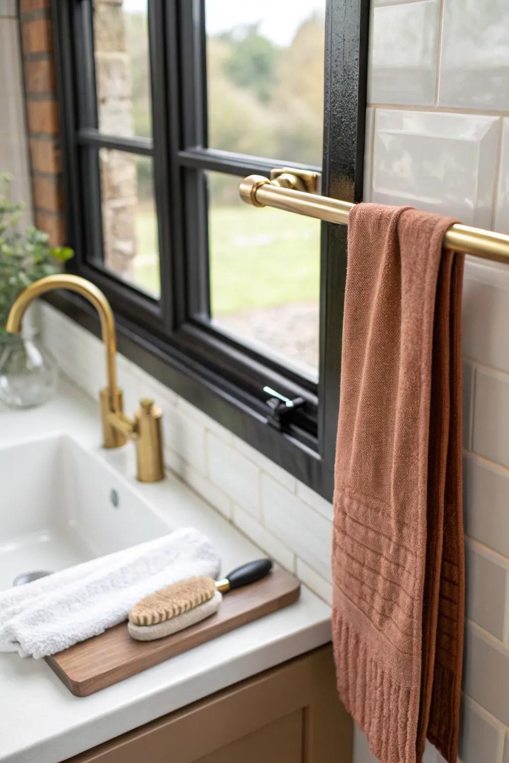 A slim side-jamb rail keeps towels and brushes off the counter—tiny change, big calm.