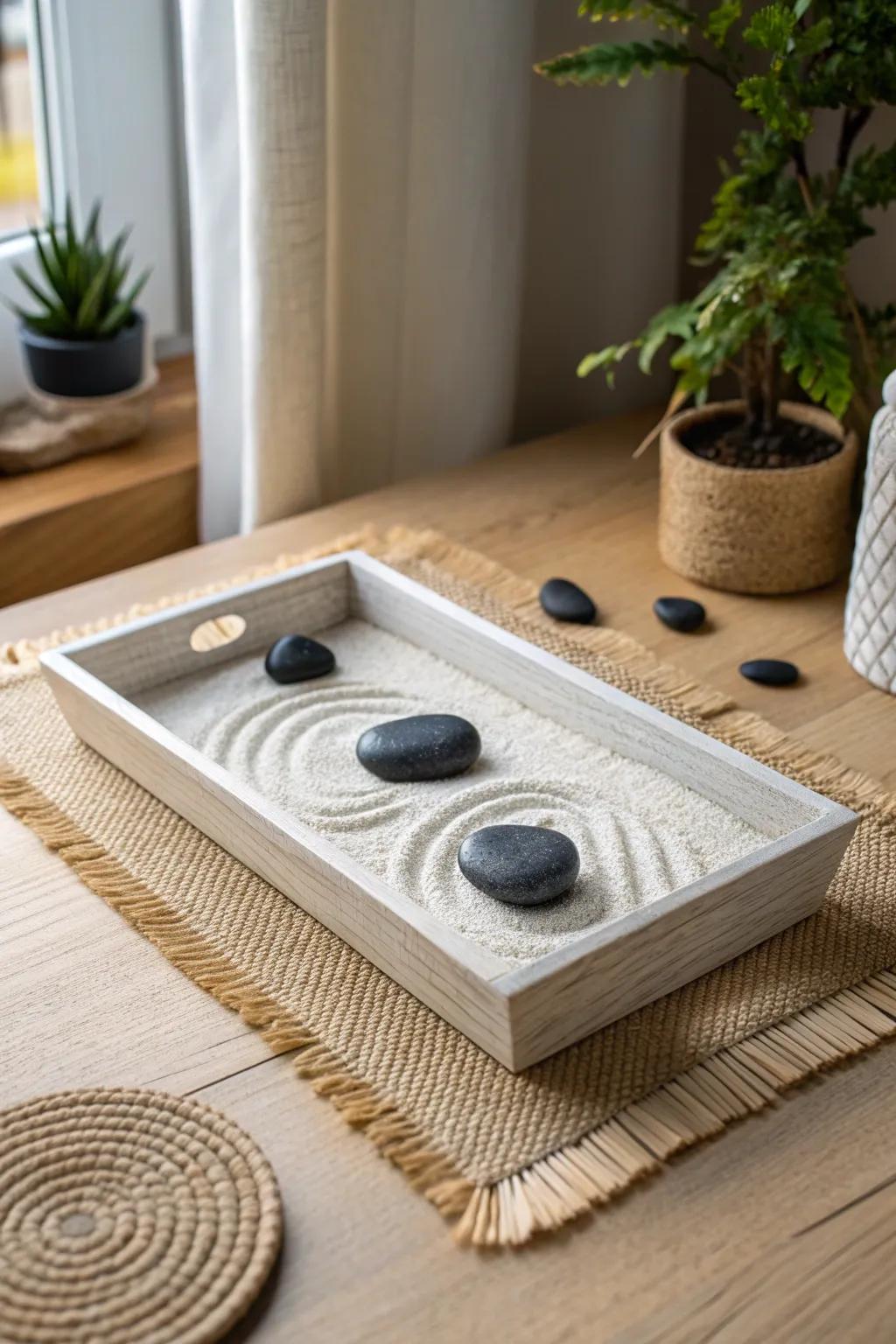 A tiny Zen rock garden tray turns any awkward corner into a calm, intentional micro-zone.