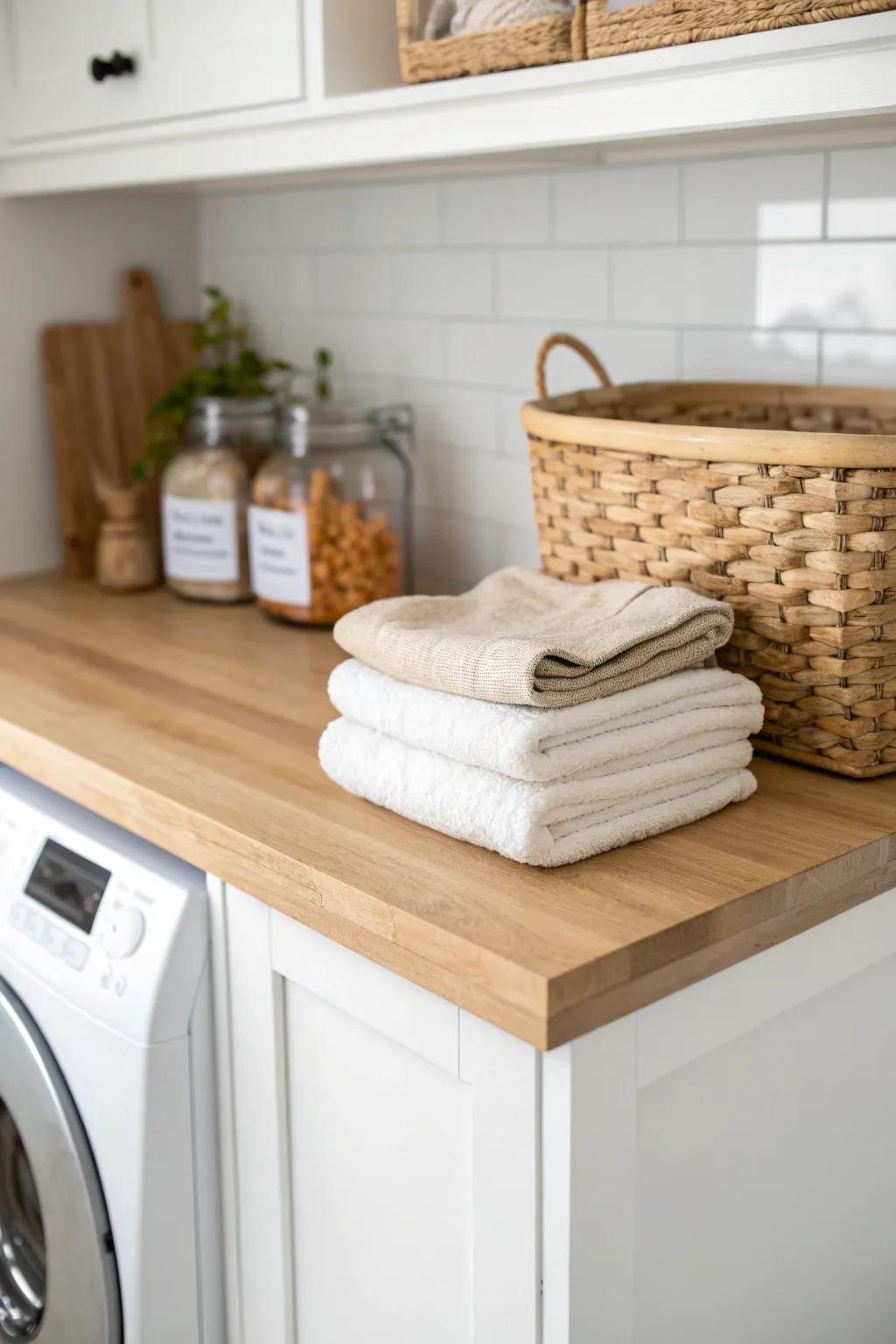 An L‑shaped corner counter that doubles as pantry storage and a chic folding station.
