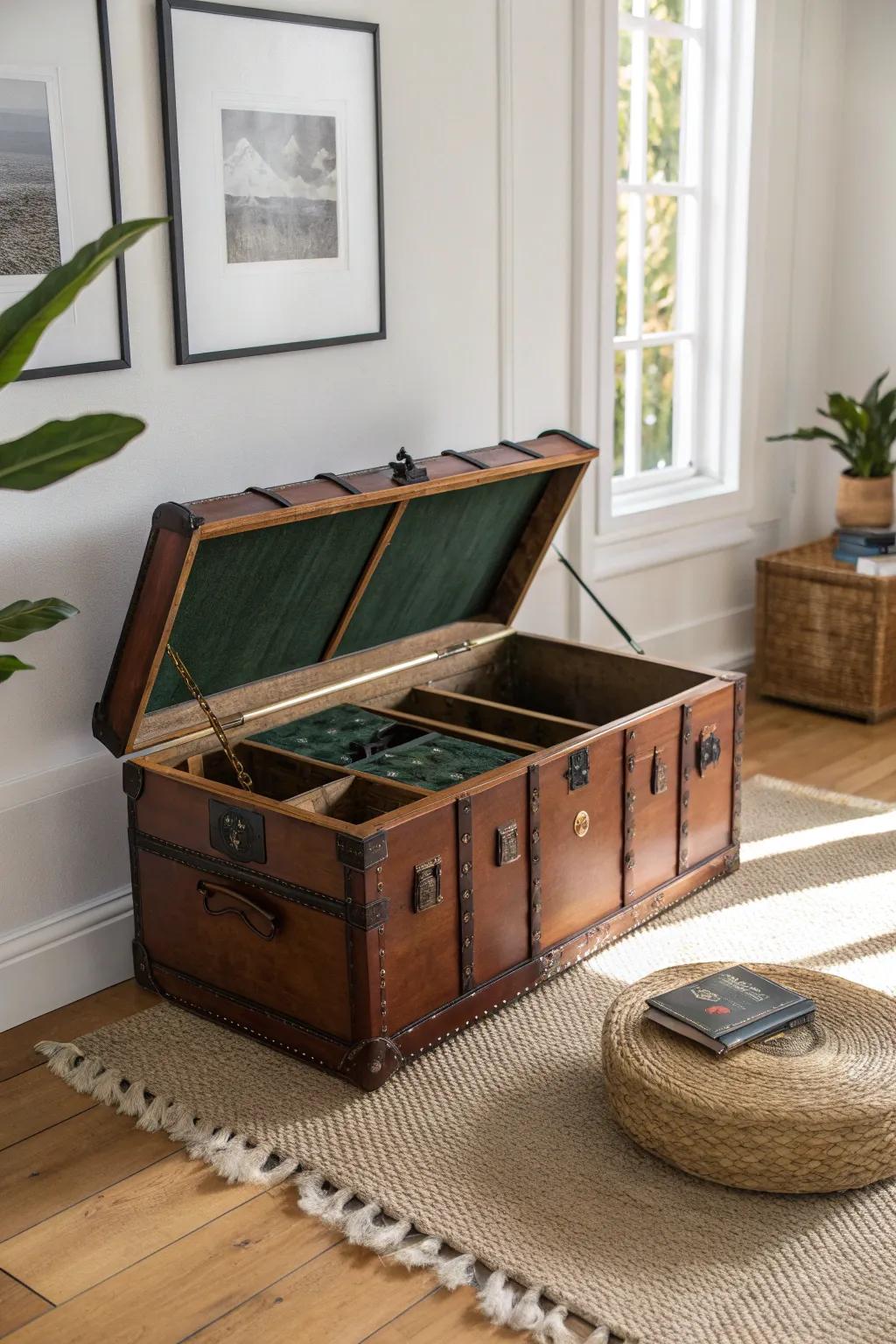 A vintage trunk coffee table that opens to a hidden bar—small-space wow factor, beautifully tidy.