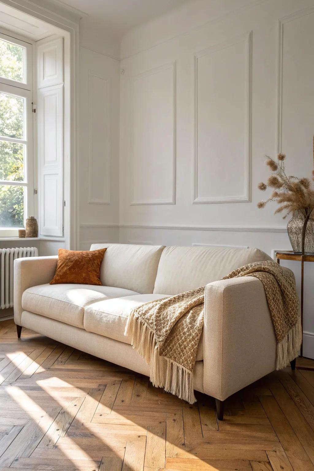 A big couch on a subtle diagonal makes a tiny living room feel custom, cozy, and spacious.