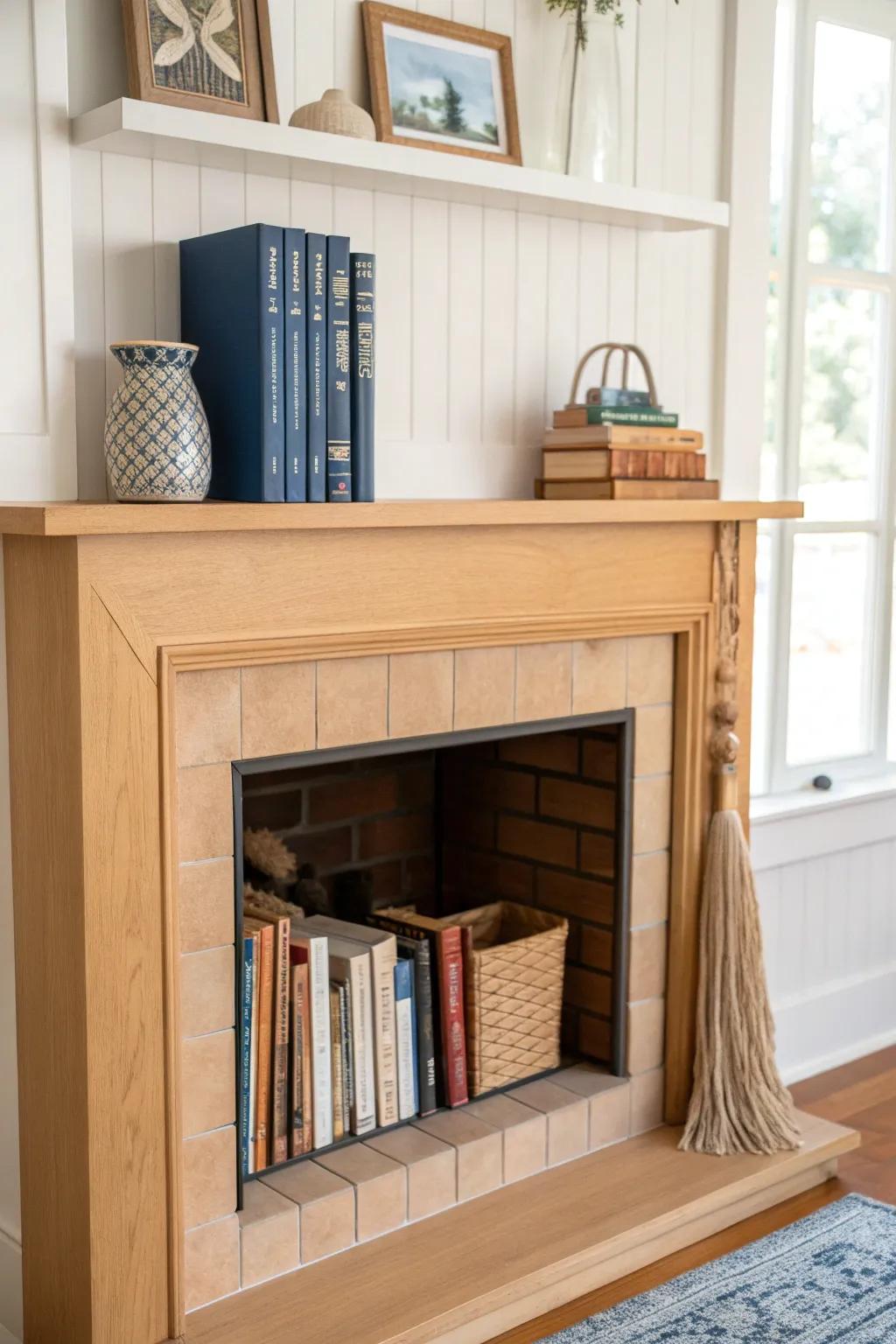 Turn an unused firebox into a mini library—peel-and-stick lining + stacked books = wow.