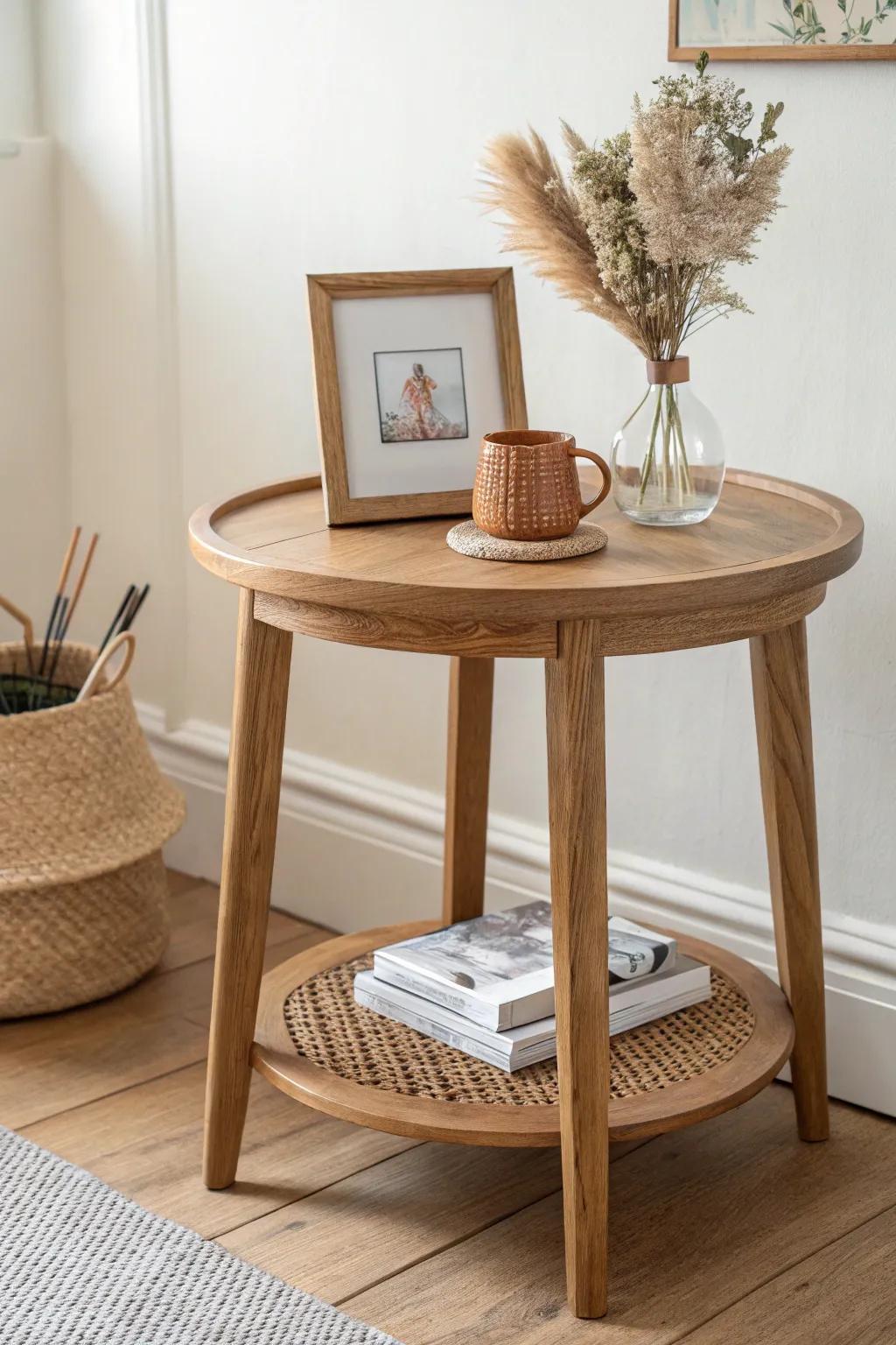 Matching wood tones instantly unifies your living room + office combo into one cohesive space.