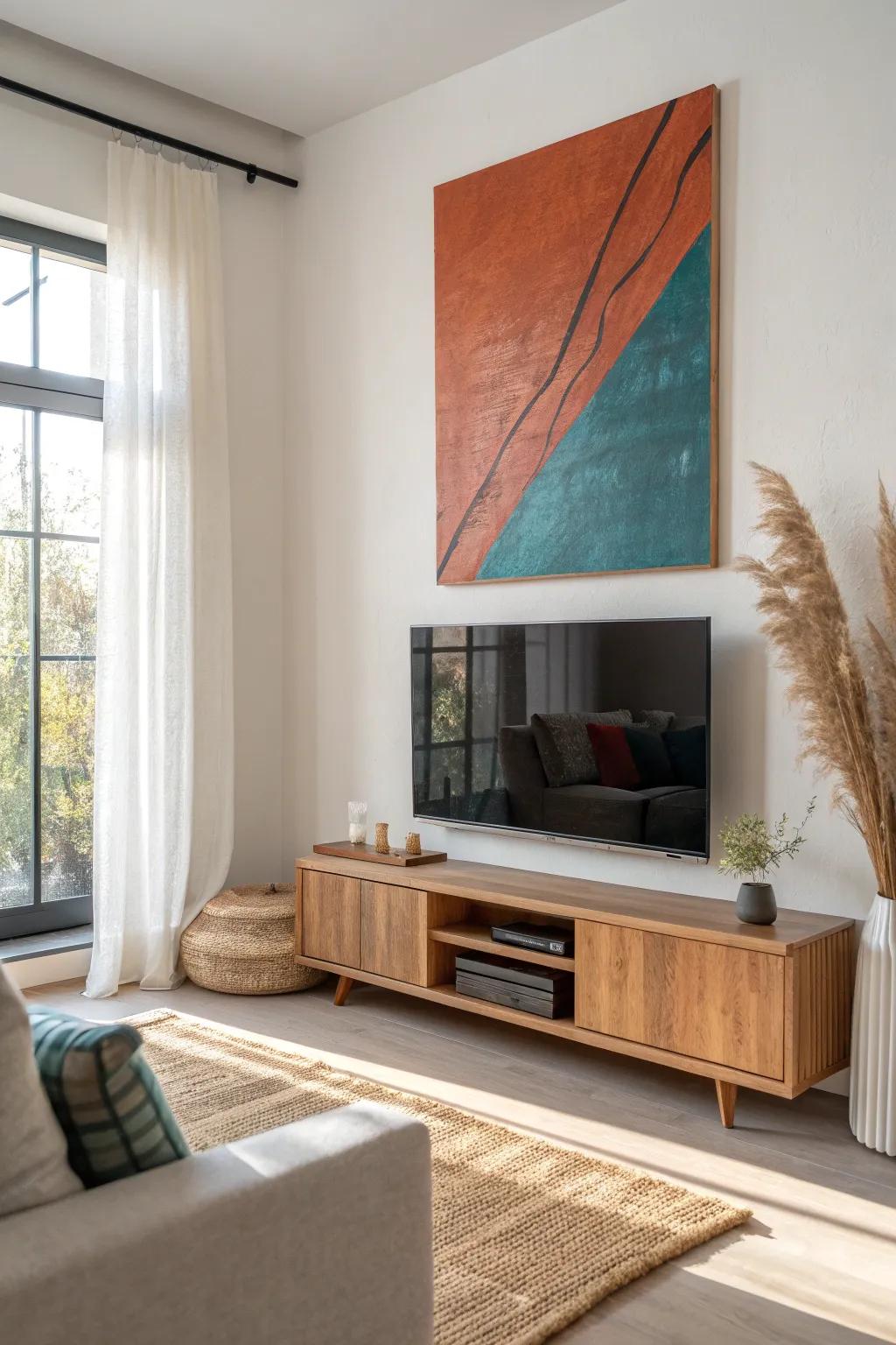 Disguise your TV with a bold art panel for a boutique, small-space living room look.