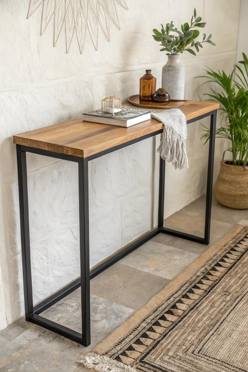 Warm oak meets cool marble and metal—an elevated small-lobby moment with bold terracotta.