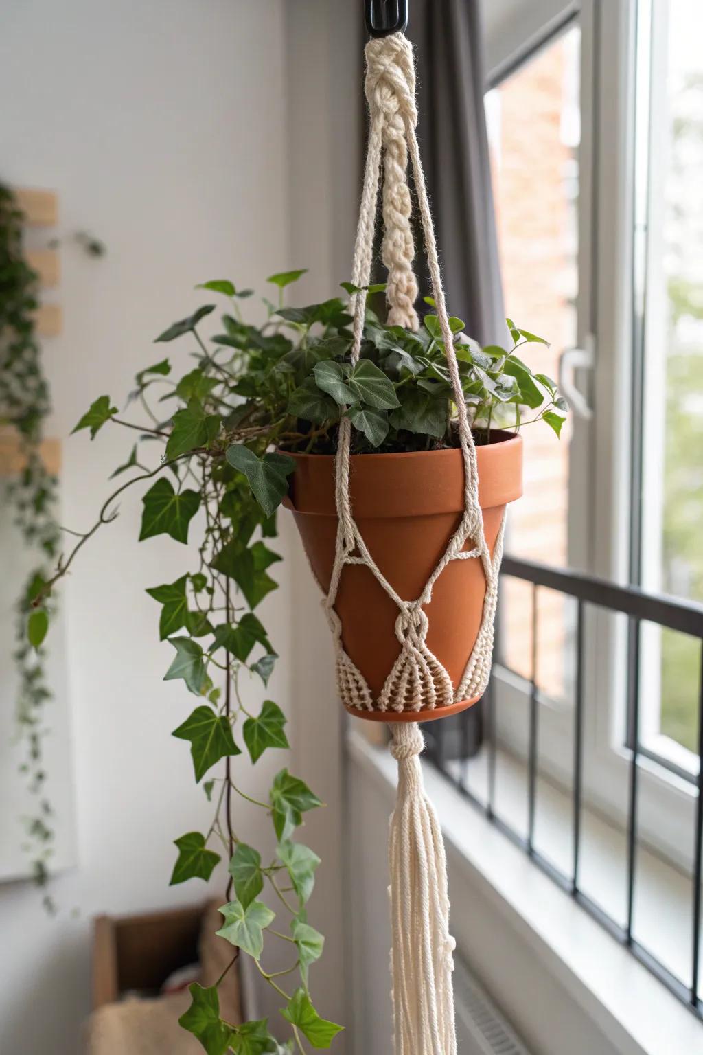 A single hanging planter at the loft edge adds lush height without stealing floor space.
