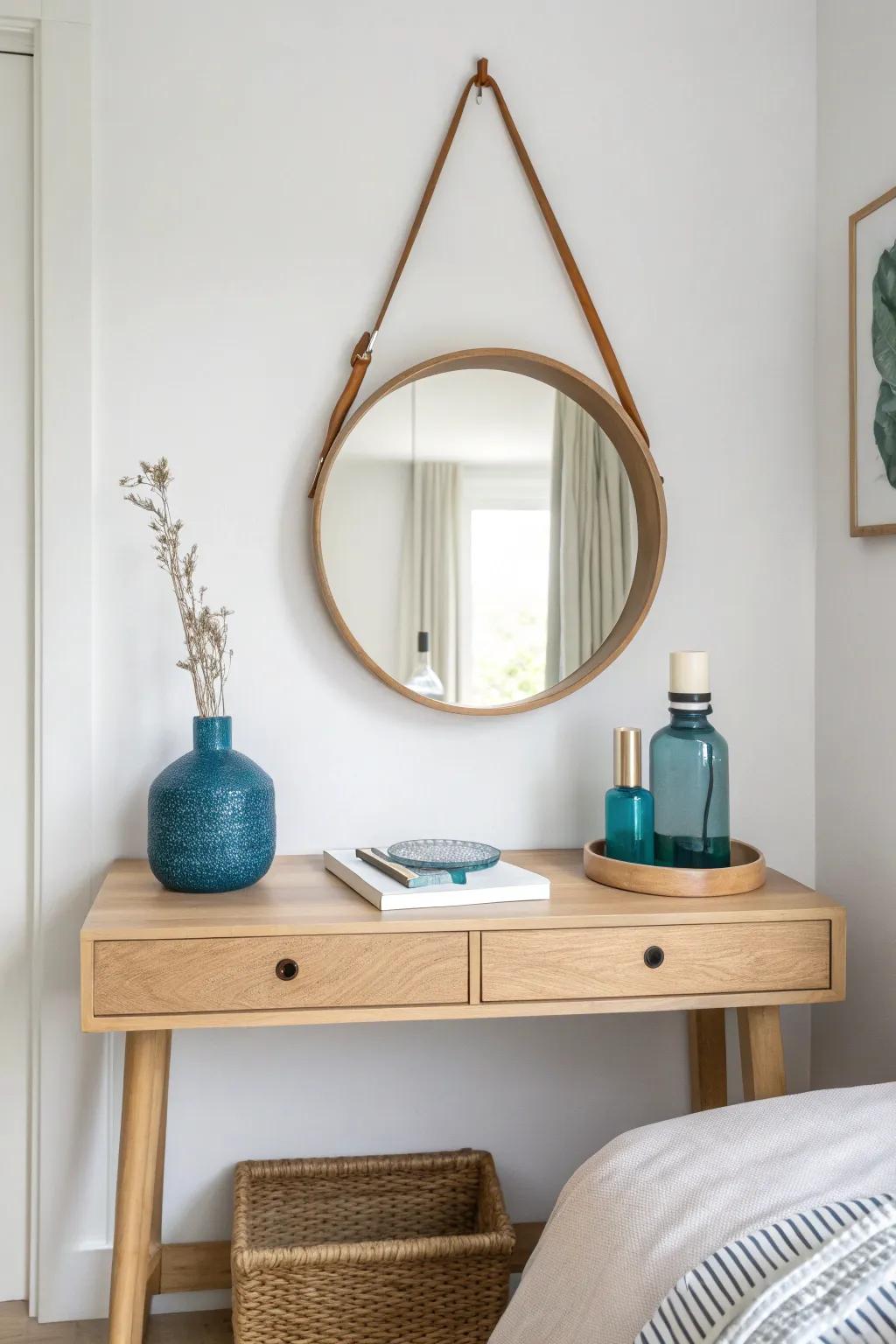 Create a chic corner vanity with a slim shelf and one tray—pretty, not cluttered.