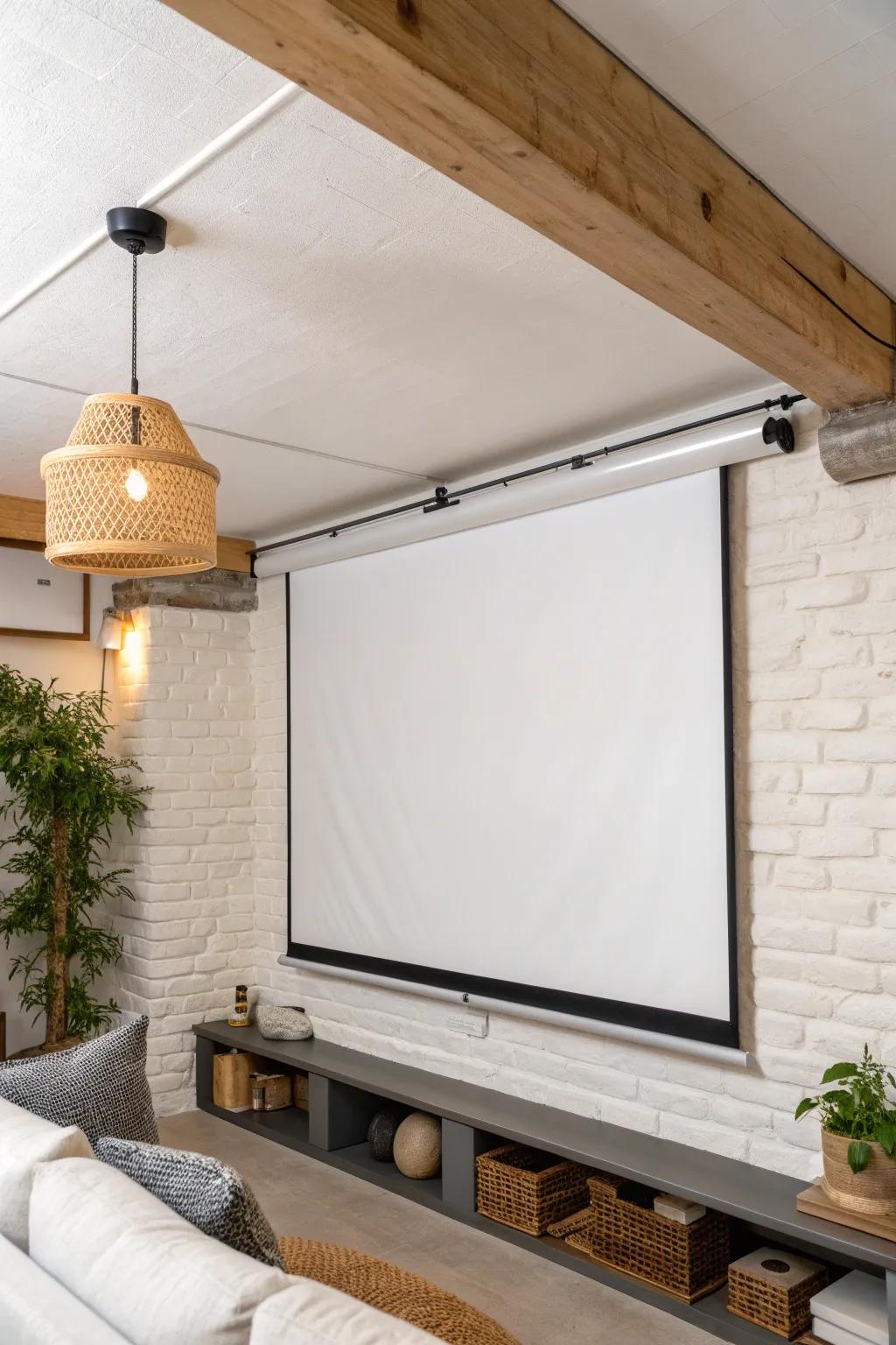 Hidden roll-down screen keeps a small basement projector nook sleek, open, and modern.