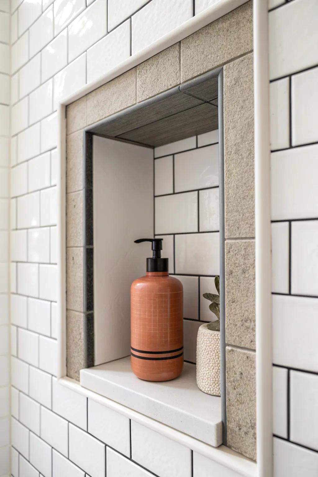 A built-in shower niche keeps bottles off the ledge—instant calm, modern farmhouse feel.