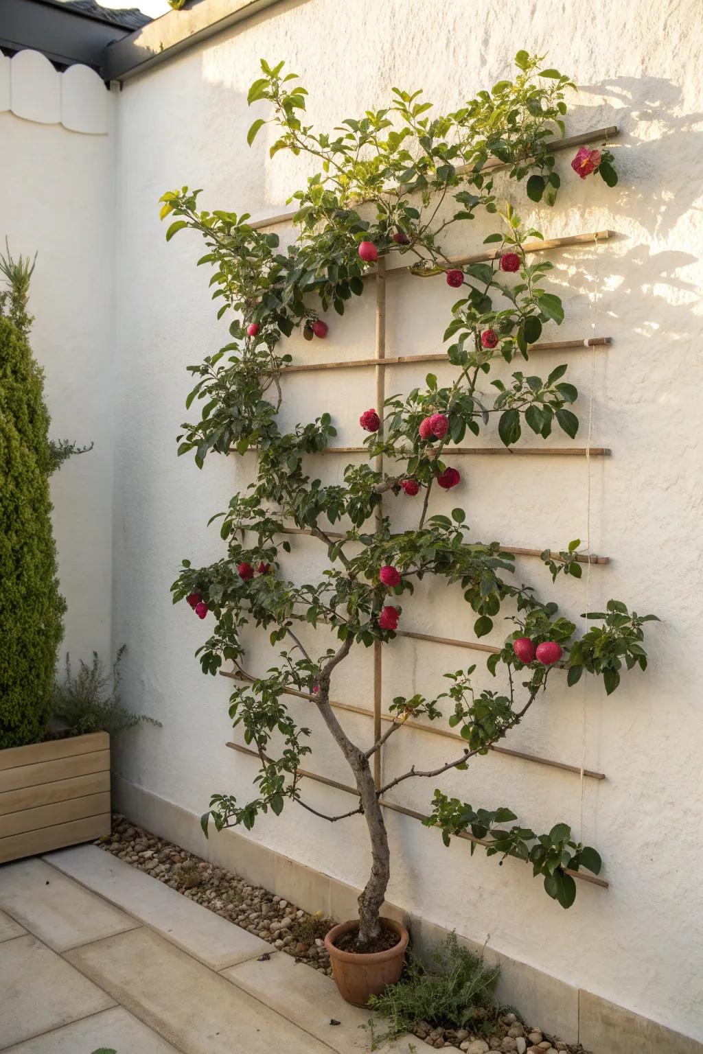 Espalier fruit turns a bare wall into functional art—big harvest vibes, zero floor space.