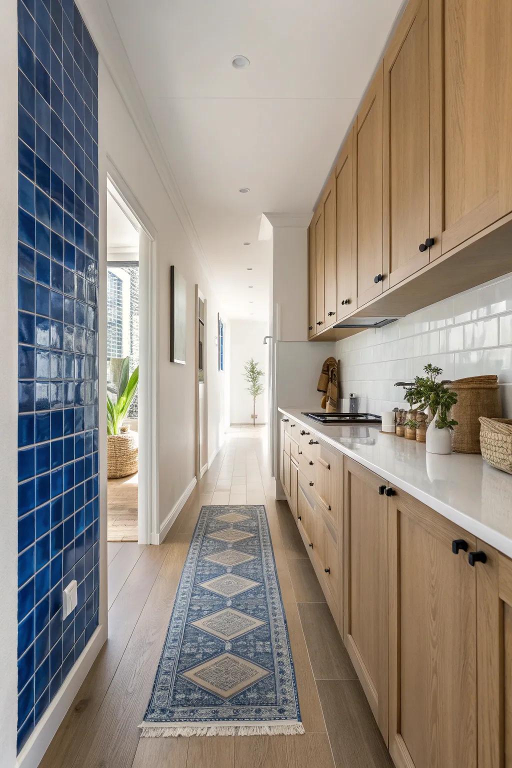 Turn the end wall into a bold focal point—one vivid tile strip makes a narrow kitchen feel longer.