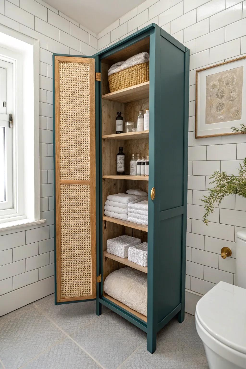 A slim decor-style cabinet that secretly stores cleaning supplies—perfect for tiny office baths.