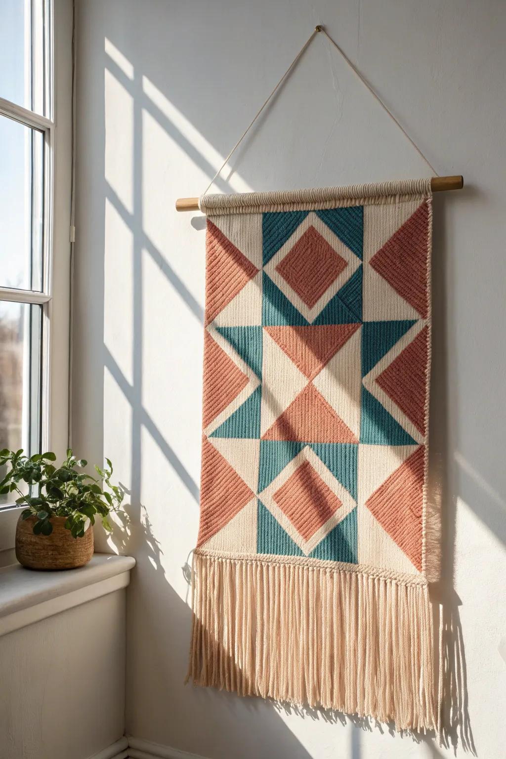 A woven acoustic panel that softens echoes and adds bold boho-minimalist art to your tiny office.