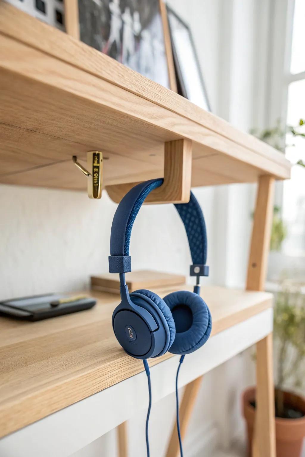 Under-desk hook magic: hang headphones and your bag to clear the floor and tame cables fast.