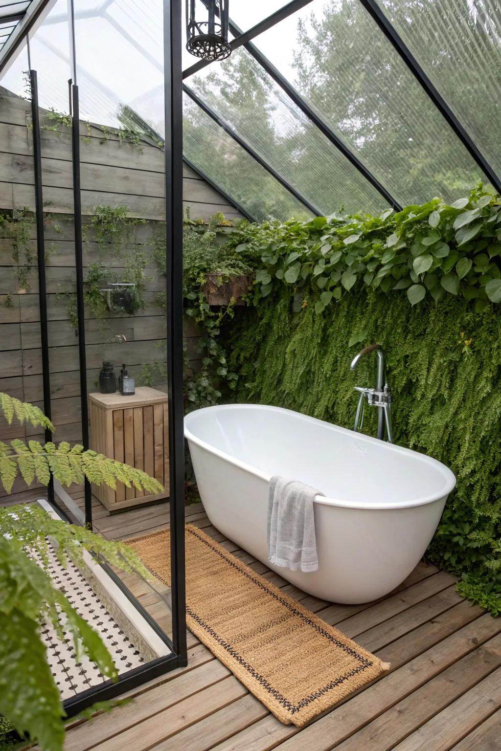 A greenhouse-style bath nook: minimalist tub framed by glass and lush greenery, even in cool weather.