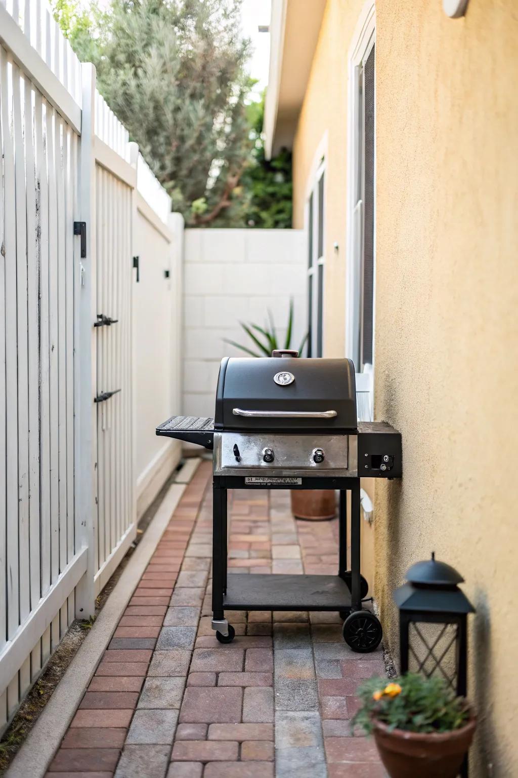 A narrow side-yard BBQ galley: compact grill + slim ledge for a chic, space-smart cook zone.