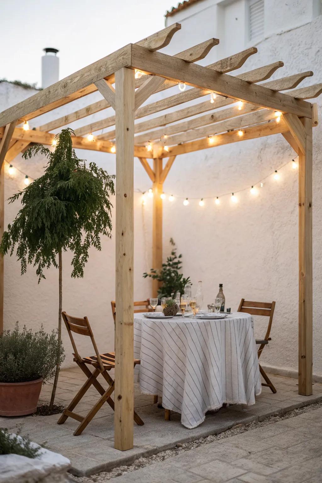 Overhead slats create a mini pergola moment—instant shade, structure, and hang-worthy charm.