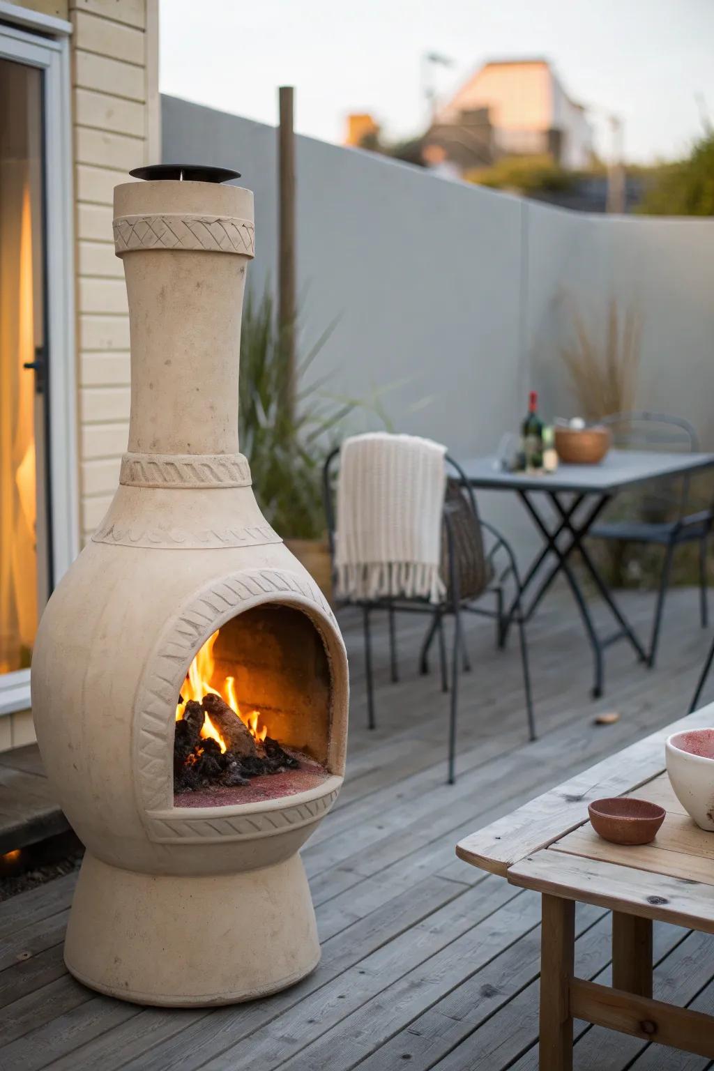 A tiny patio fireplace that makes bistro dinners outside feel warm, cozy, and special.