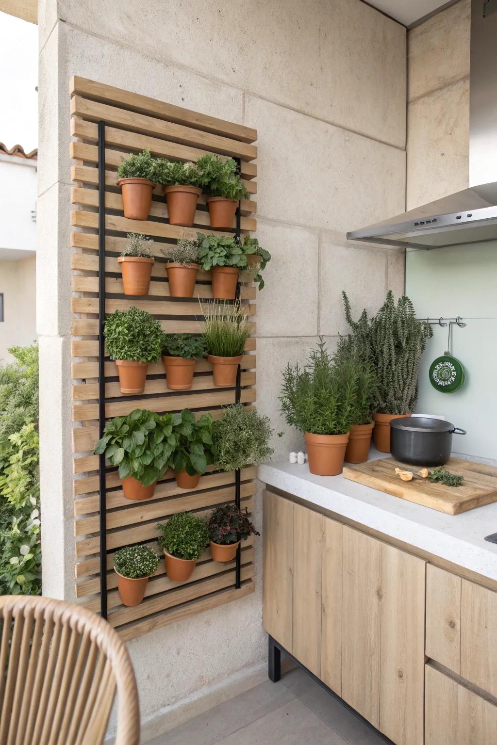 A vertical herb wall + slim prep shelf turns one pergola side into a tiny patio kitchenette.
