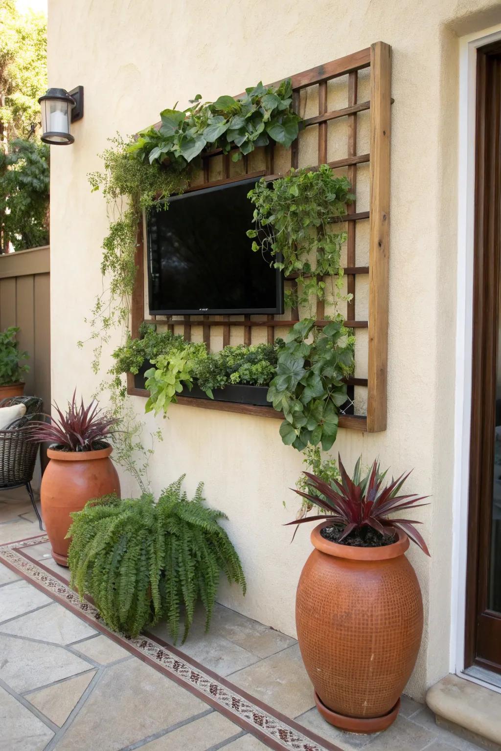 A petite patio TV framed by a living plant wall—minimal, cozy, and resort-chic.