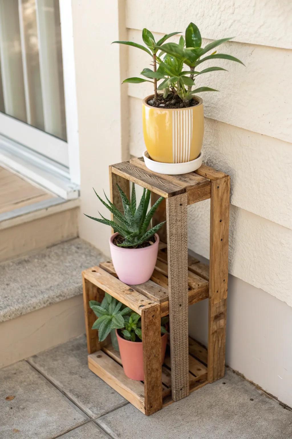 DIY scrap-wood mini plant stand—vertical greenery that saves space on the tiniest porch.