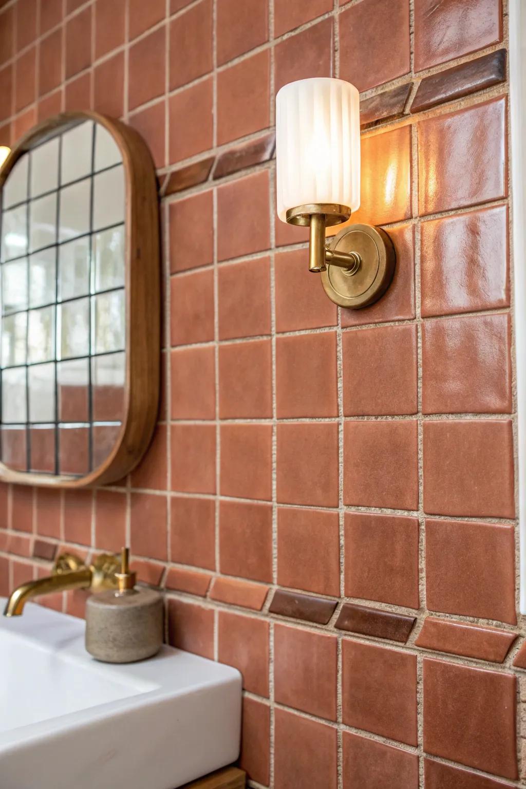 Matte + glossy tiles in one shade—quietly luxe depth that glows under warm sconces.