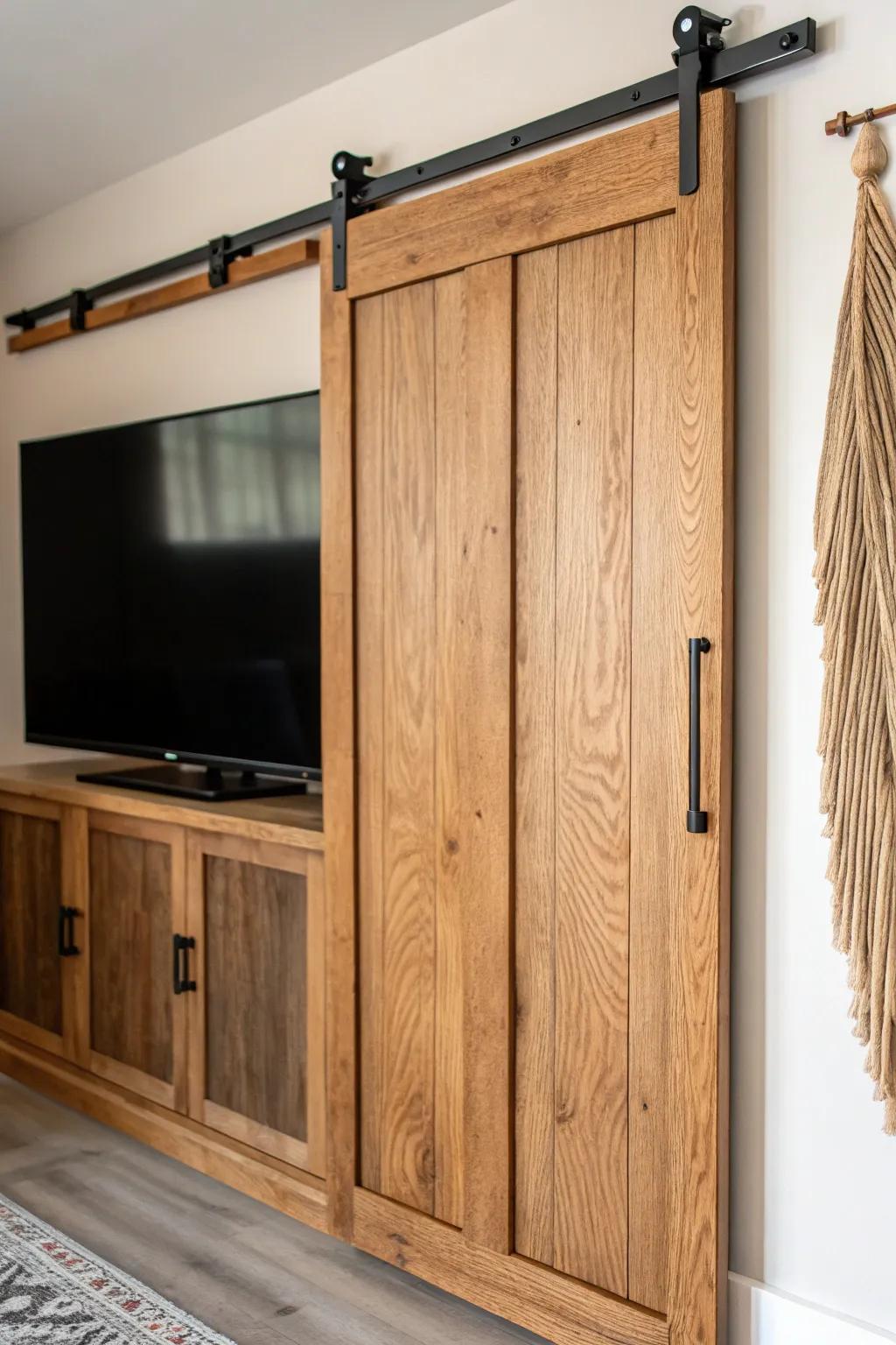 Hide the TV in style: a sliding wood panel adds cozy ranch warmth to small living rooms.