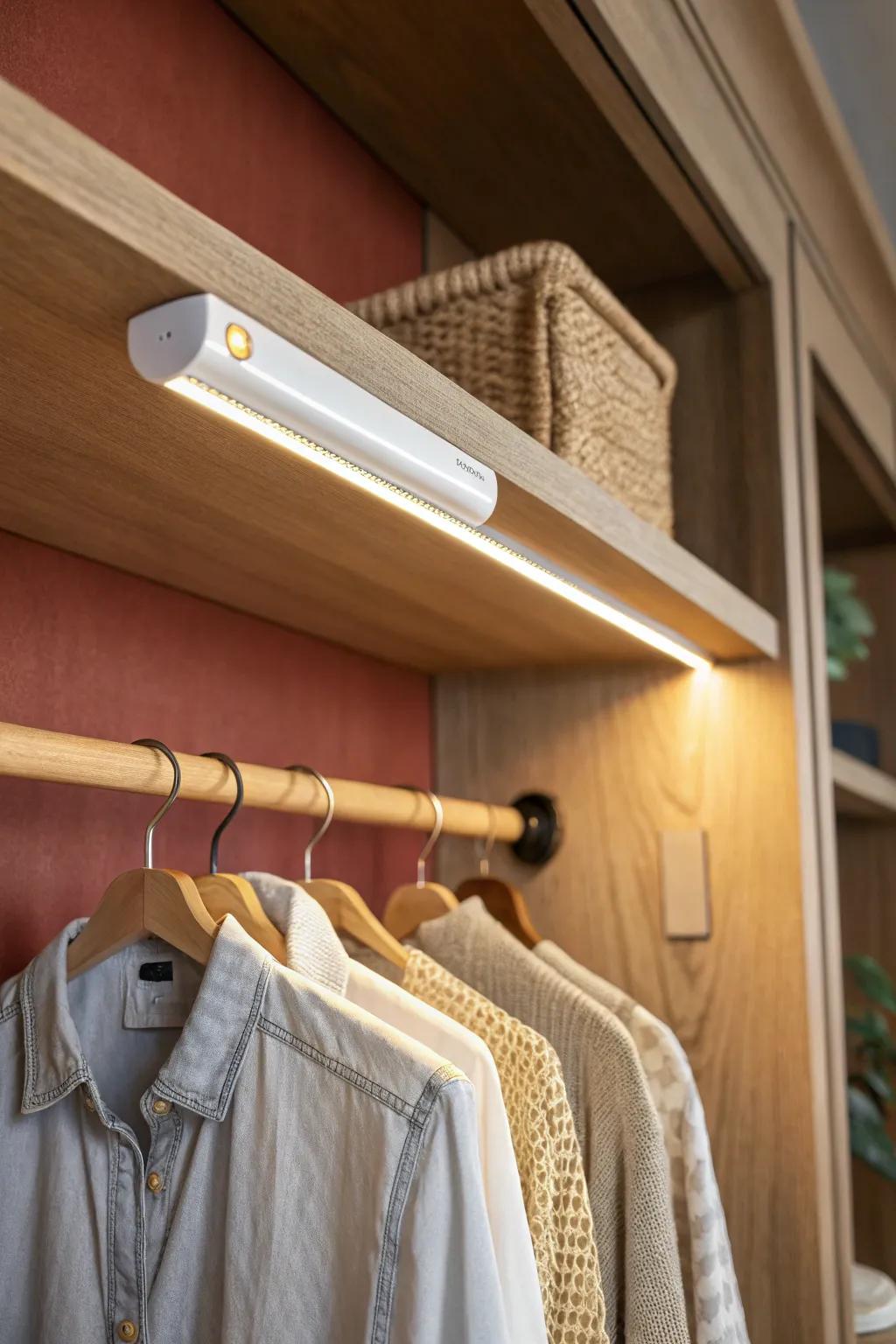 A warm motion-sensor light bar that brightens every closet corner—no more forgotten outfits.