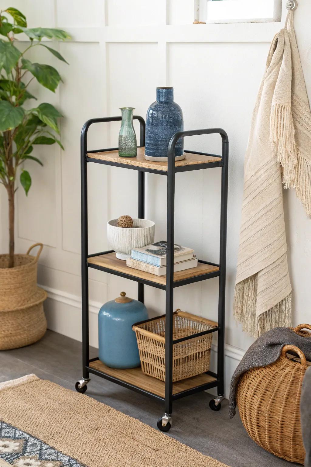 Slim rolling display cart: a satellite shelf for small retail moments in tight spaces.