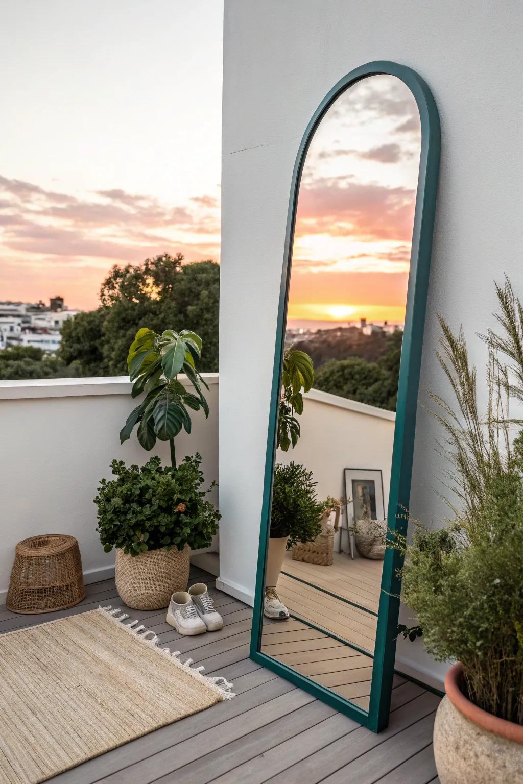 An outdoor mirror reflects sky and greenery—instantly making a small rooftop deck feel bigger.