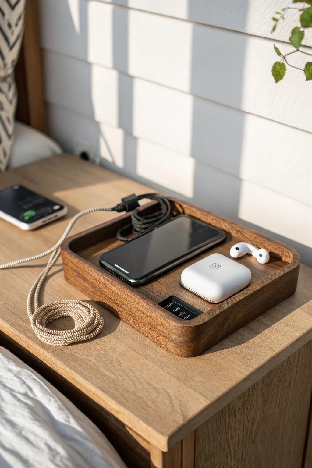 A sleek, cable-hidden charging dock that keeps a small room looking calm, clean, and grown-up.
