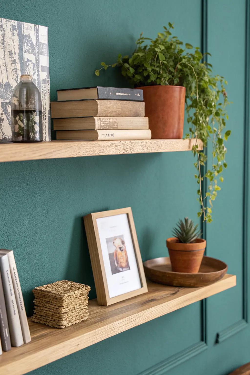 Book–object–book styling on one small shelf: airy, curated, cozy—and never warehouse-like.