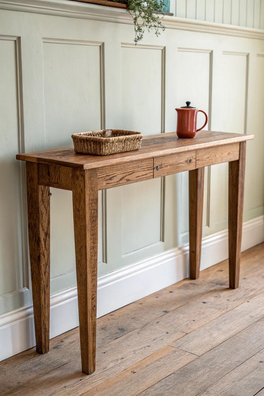 A skinny reclaimed-wood console behind the sofa adds rustic function without crowding the room.