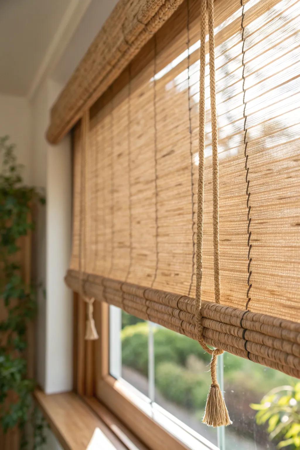 A woven roll-down shade for that screened-porch vibe—rustic texture, airy light, less glare.