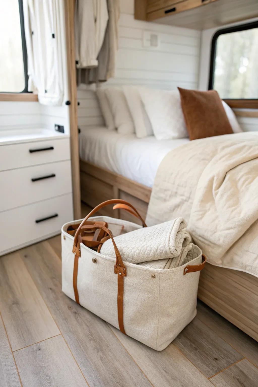 A soft storage bench bag at the bed’s foot creates a tidy “landing strip” in a small RV.