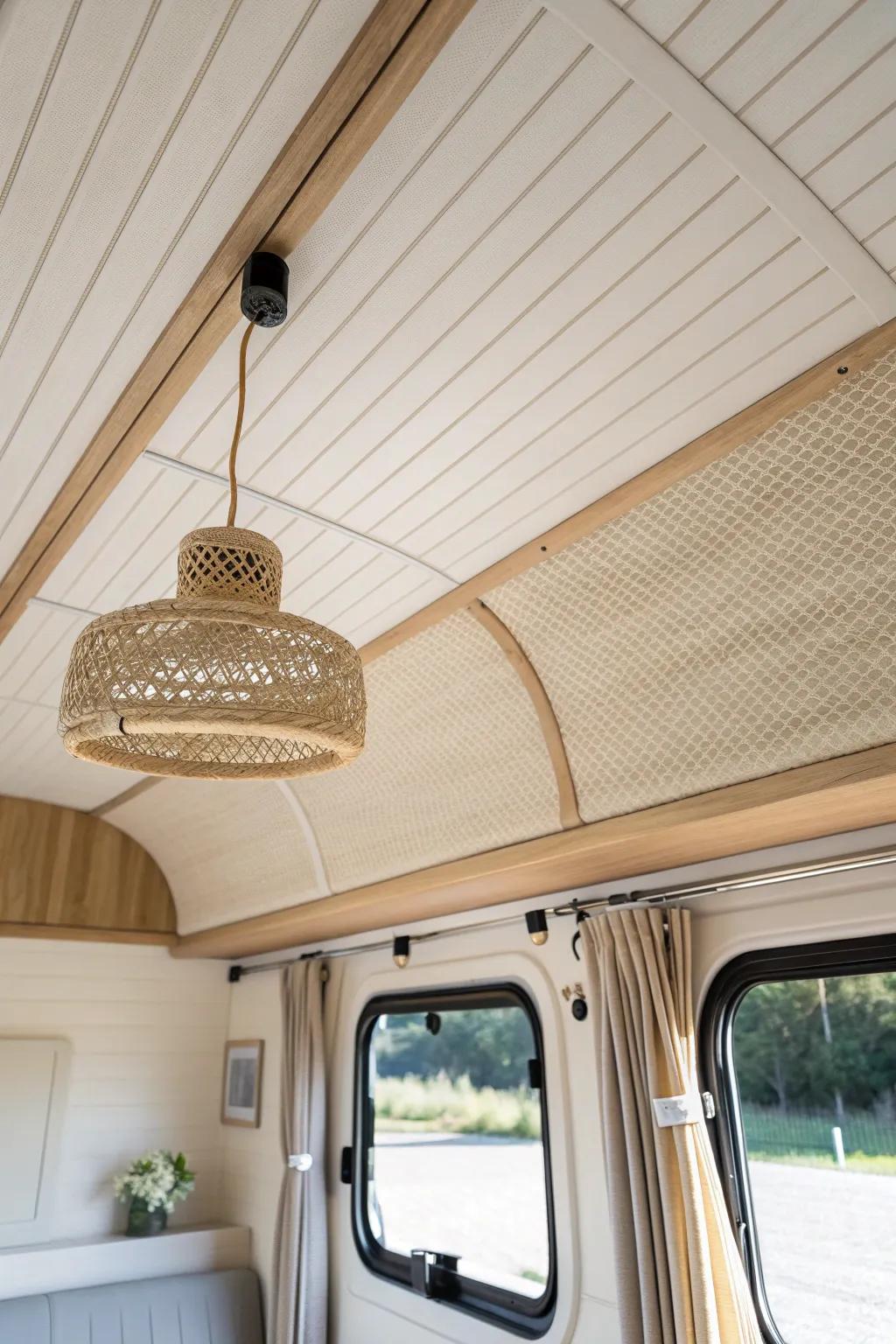 Turn your RV ceiling into a soft “fifth wall” with gentle stripes and warm wood trim.